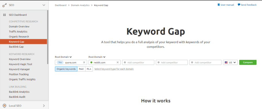 keyword gap tool by SEMrush