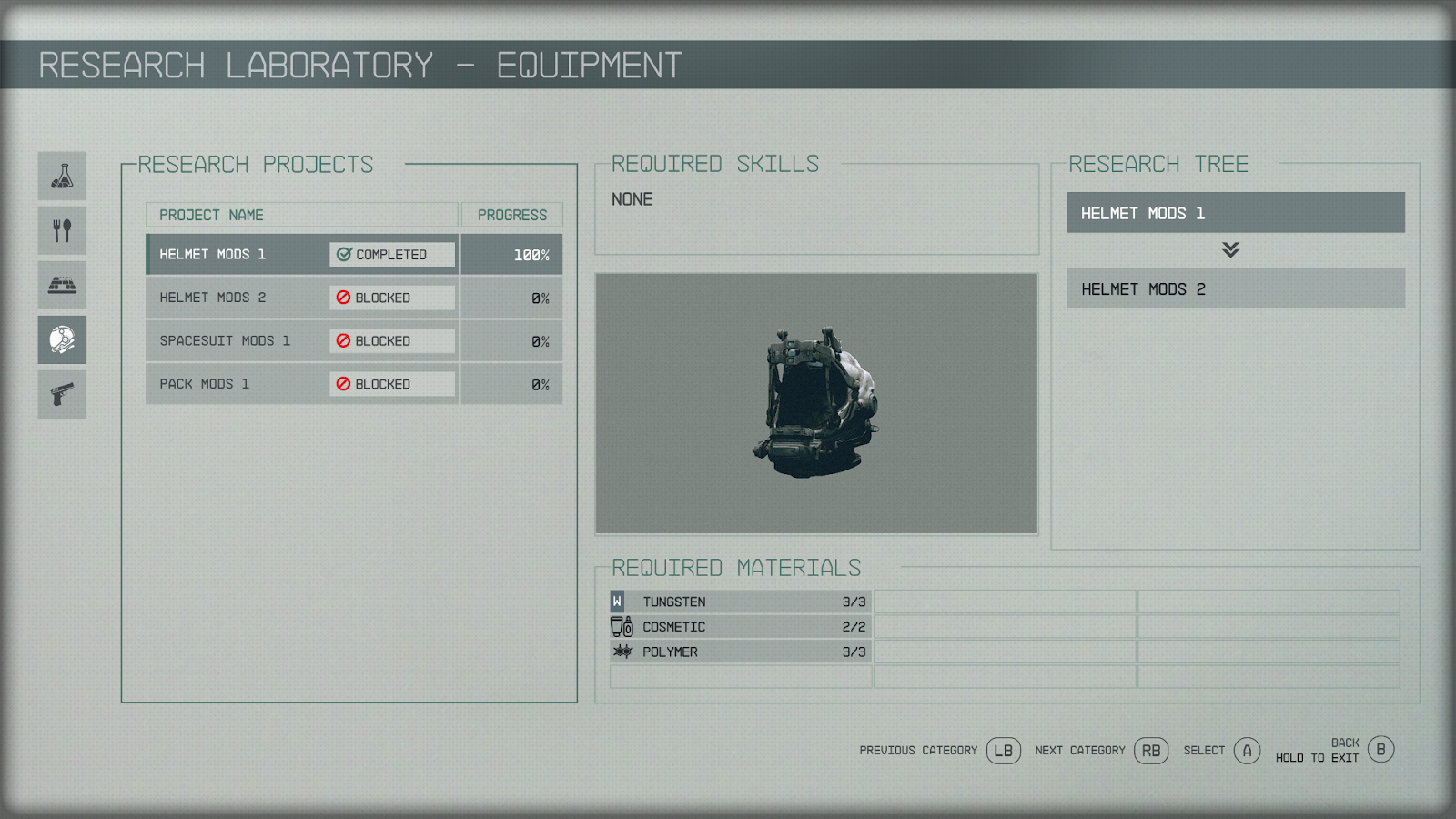 An in game screenshot of the Helmet Mods on the Research Station from the game Starfield. 