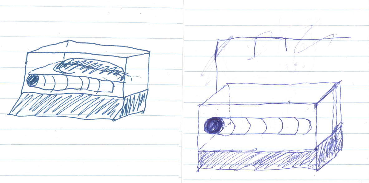 Two very bad doodles of a mummy-shaped object in a museum case, the one on the right tidier than the one on the left.