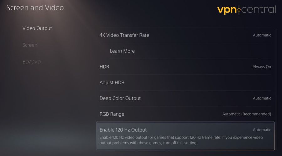 Screen and Video settings on PS5