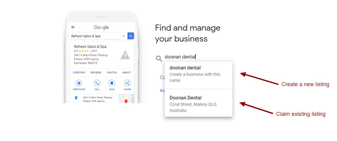 Google my business find and manage your listing page