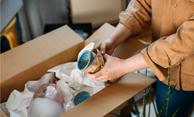 A woman is carefully wrapping fragile dishware in paper and packing it into a cardboard box for long-term storage. 