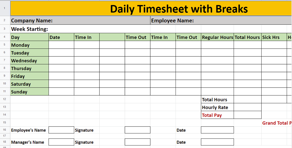 Daily Timesheet Template with Breaks