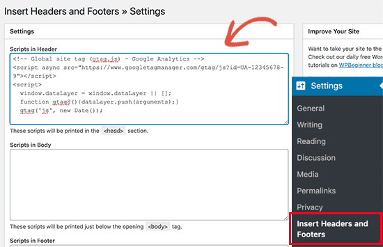 Adicionando o código de rastreamento do Google Analytics usando o plug-in Insert Headers and Footers