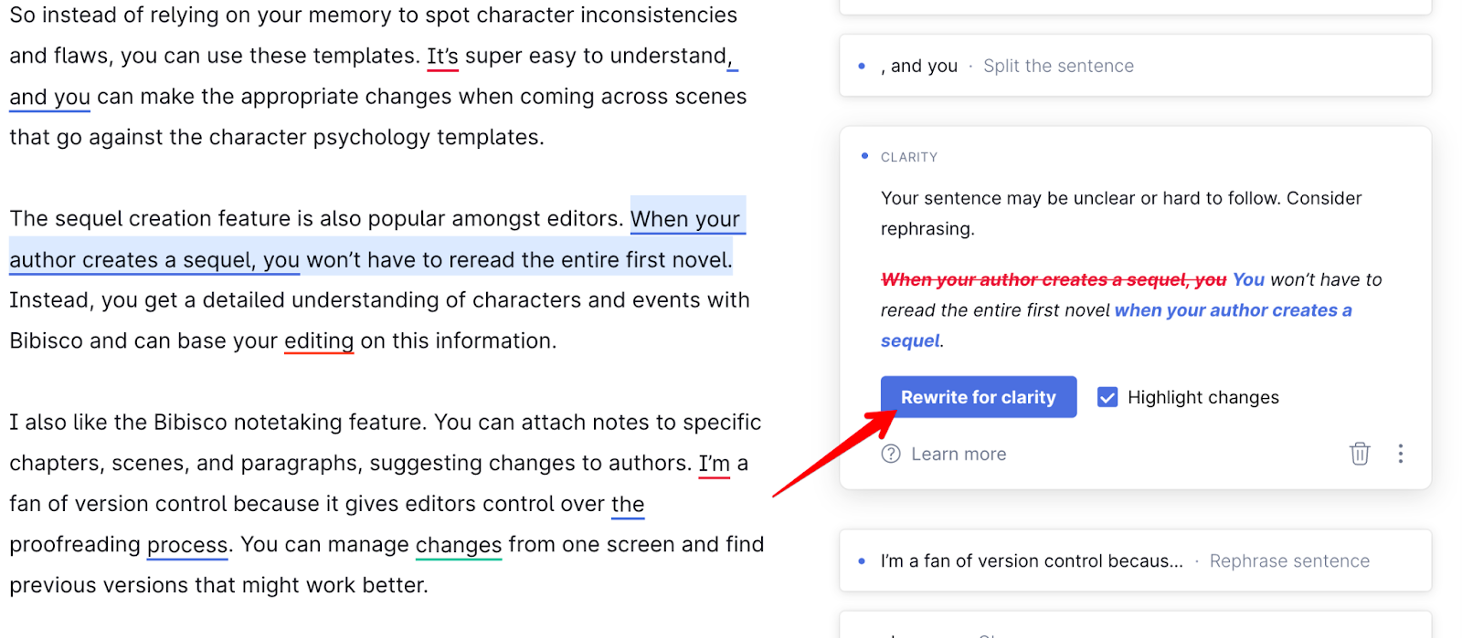 Grammarly restructures single sentences