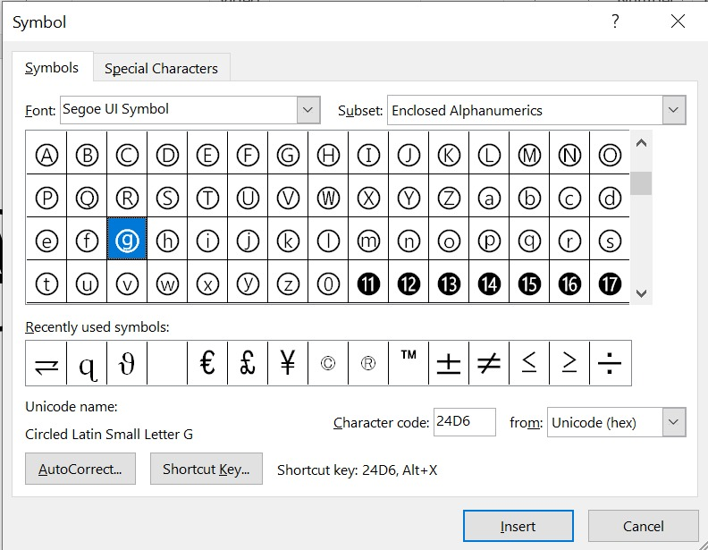 searching for Lowercased Circled G symbols using the character code