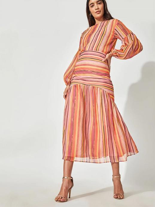 Multi-stripe High Yoke Midi Skirt