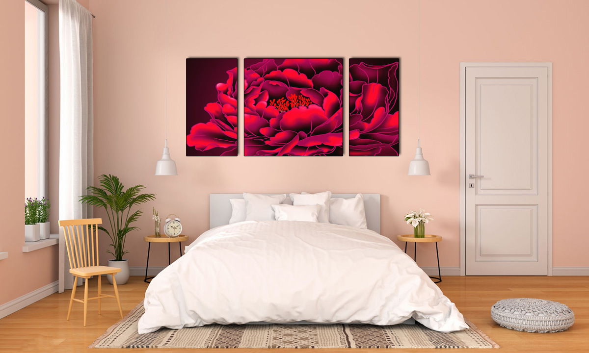 Mẫu thiết kế phòng ngủ nữ trang trí tranh bông hồng nghệ thuật