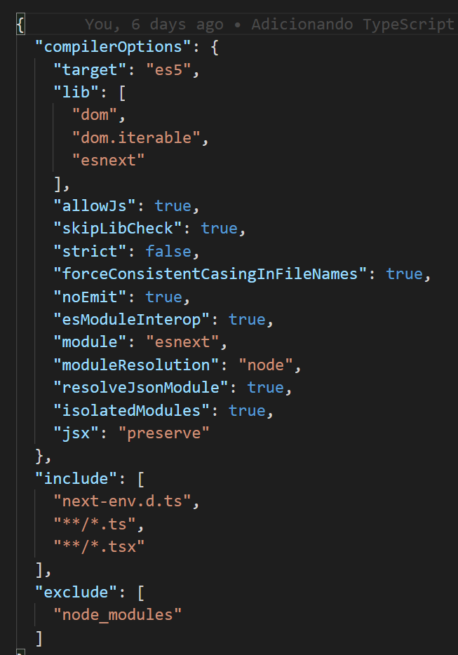 Arquivo tsconfig.json preenchido com informações de nosso projeto