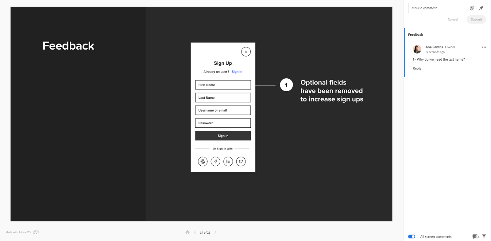 Using the design presentation mode in Adobe XD to present a design concept and gather feedback.