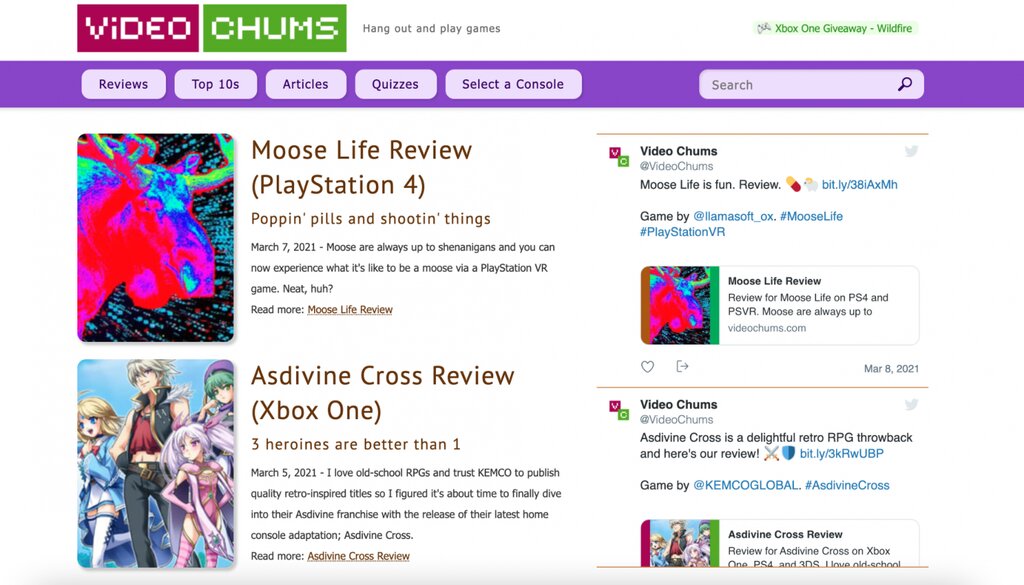 Page de Video Chums présentant des critiques de Moose Life et Asdivine Cross