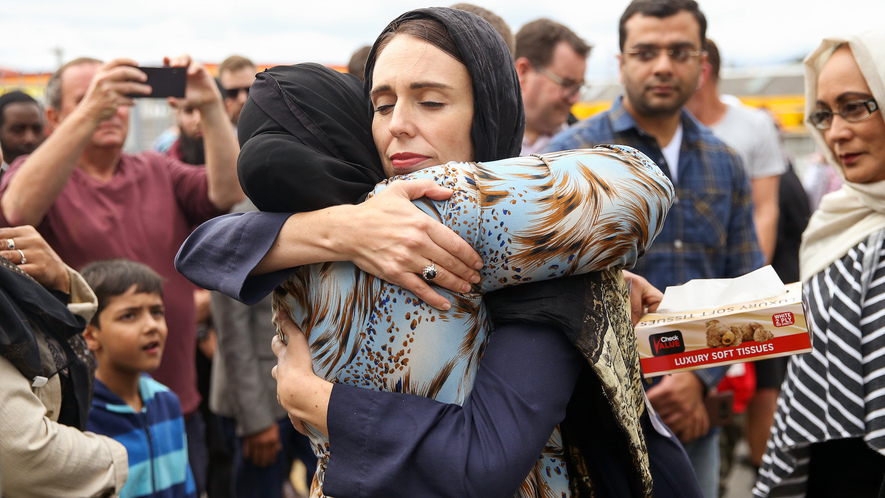Image 1. New Zealand's Prime Minister Jacinda Ardern hugs a mosque-goer at the Kilbirnie Mosque on March 17, 2019 in Wellington, New Zealand following shooting attacks on two mosques in Christchurch on Friday, 15 March. Photo by: Hagen Hopkins/Getty Images