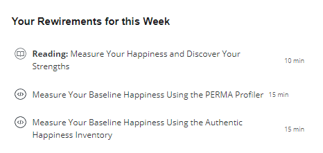 Screenshot of how to access the Happiness tests from the Coursera course.
