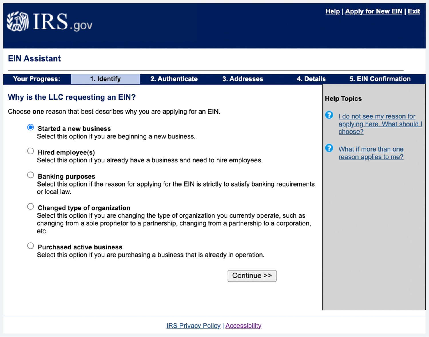 Select your reason for requesting an EIN and identify your company. 