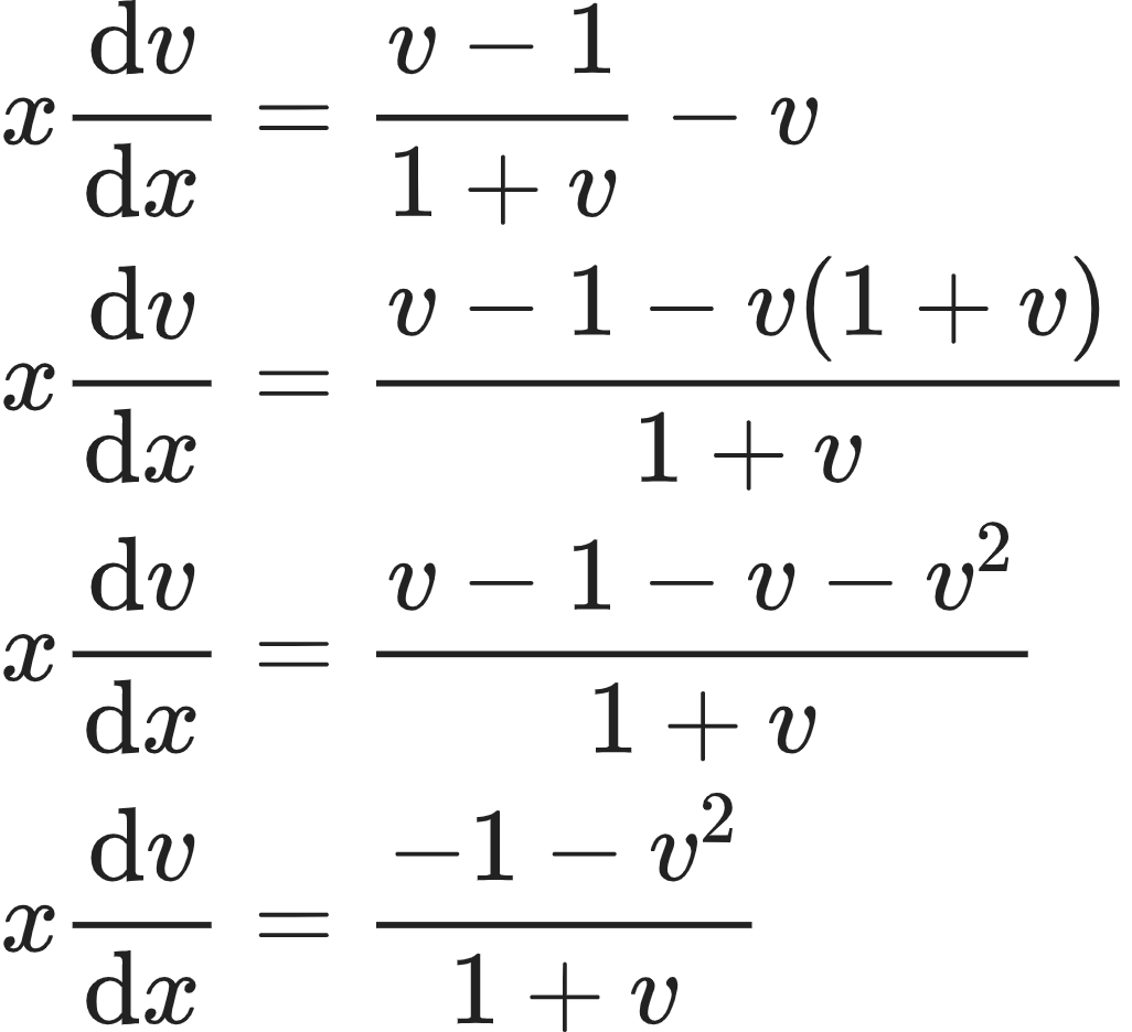 {"code":"\\begin{align*}\n{x\\diff{v}{x}}&={\\frac{v-1}{1+v}-v}\\\\\n{x\\diff{v}{x}}&={\\frac{v-1-v\\left(1+v\\right)}{1+v}}\\\\\n{x\\diff{v}{x}}&={\\frac{v-1-v-v^{2}}{1+v}}\\\\\n{x\\diff{v}{x}}&={\\frac{-1-v^{2}}{1+v}}\t\n\\end{align*}","font":{"family":"Arial","color":"#222222","size":10},"type":"align*","id":"12-0-0-1-1-1-1-0-1-0","ts":1604225998178,"cs":"EWj3hRaF20YfQ4Rc/hyUqQ==","size":{"width":170,"height":156}}