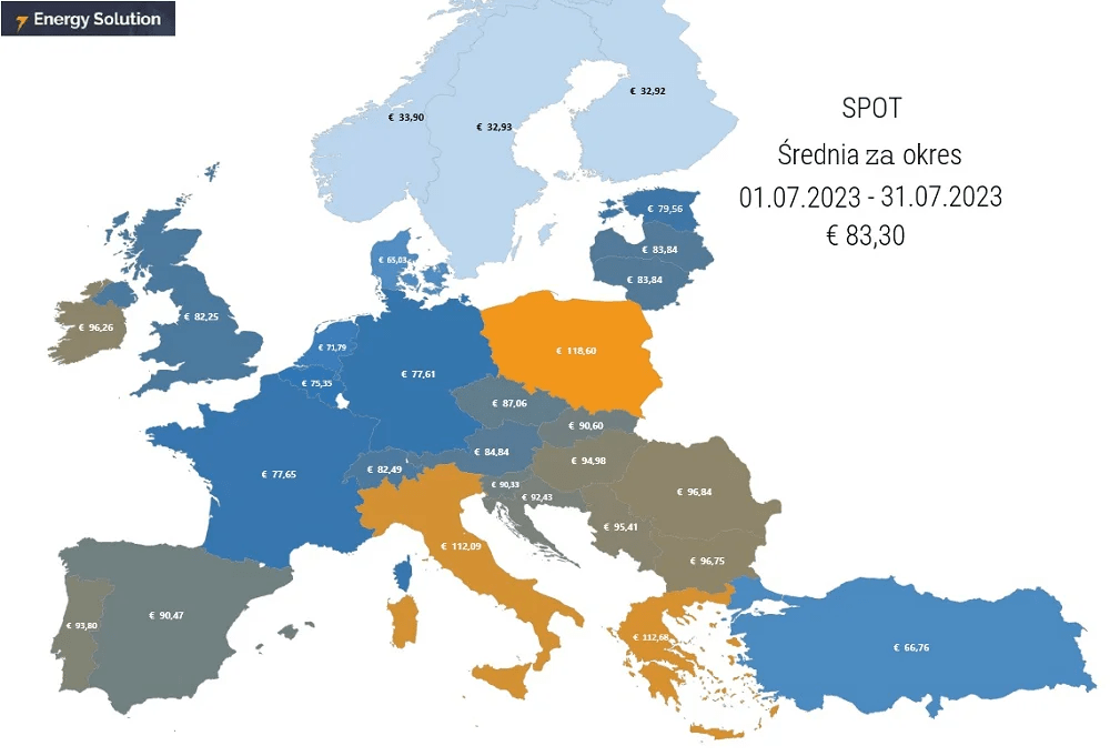 Mapa średnich cen energii na rynku SPOT w Europie, lipiec 20223
Źródło: Energy Solution