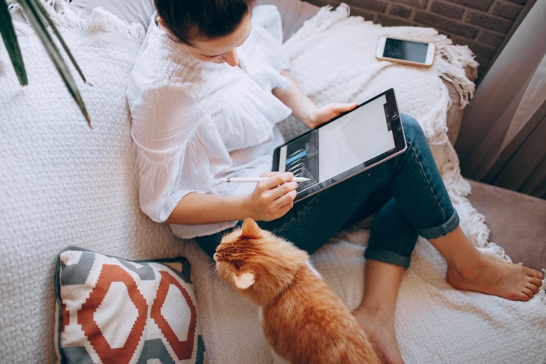 Woman sitting on a couch with her cat and tablet