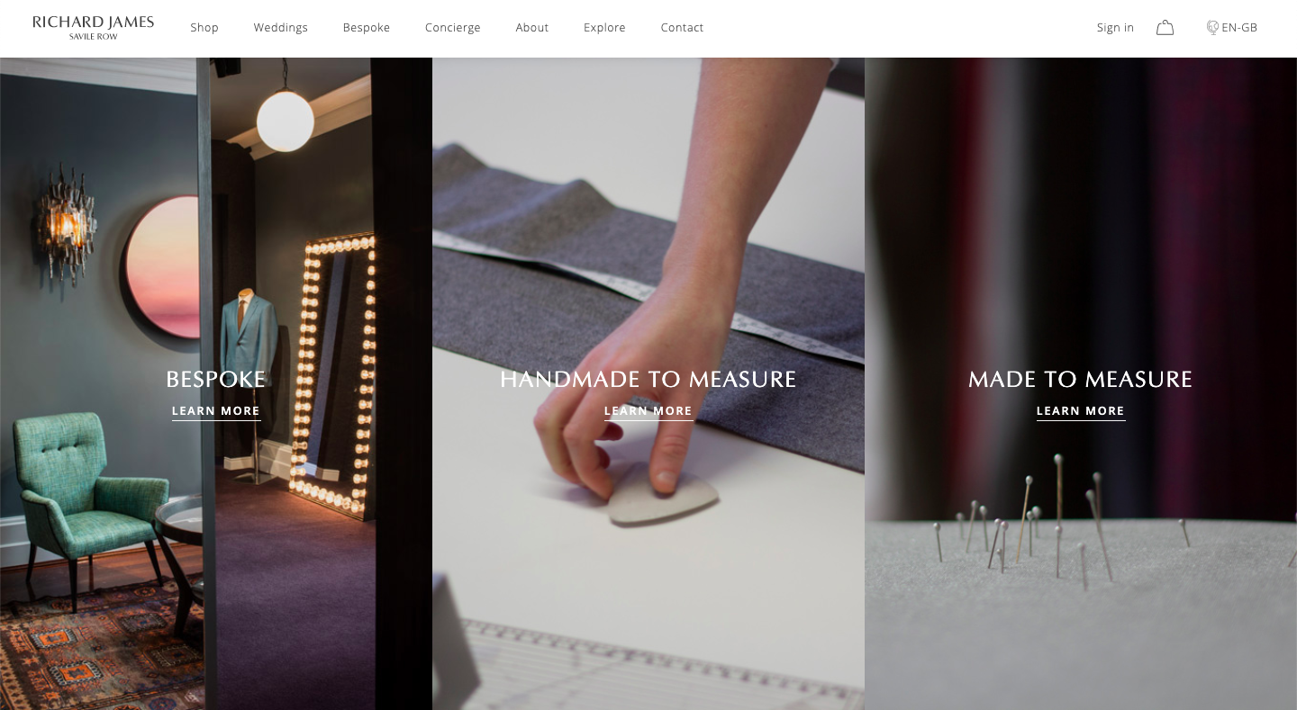 Screenshot of Richard James Savile Row website https://www.richard-james.com/bespoke. Used in section about Aligning digital strategy with your custom clothing business