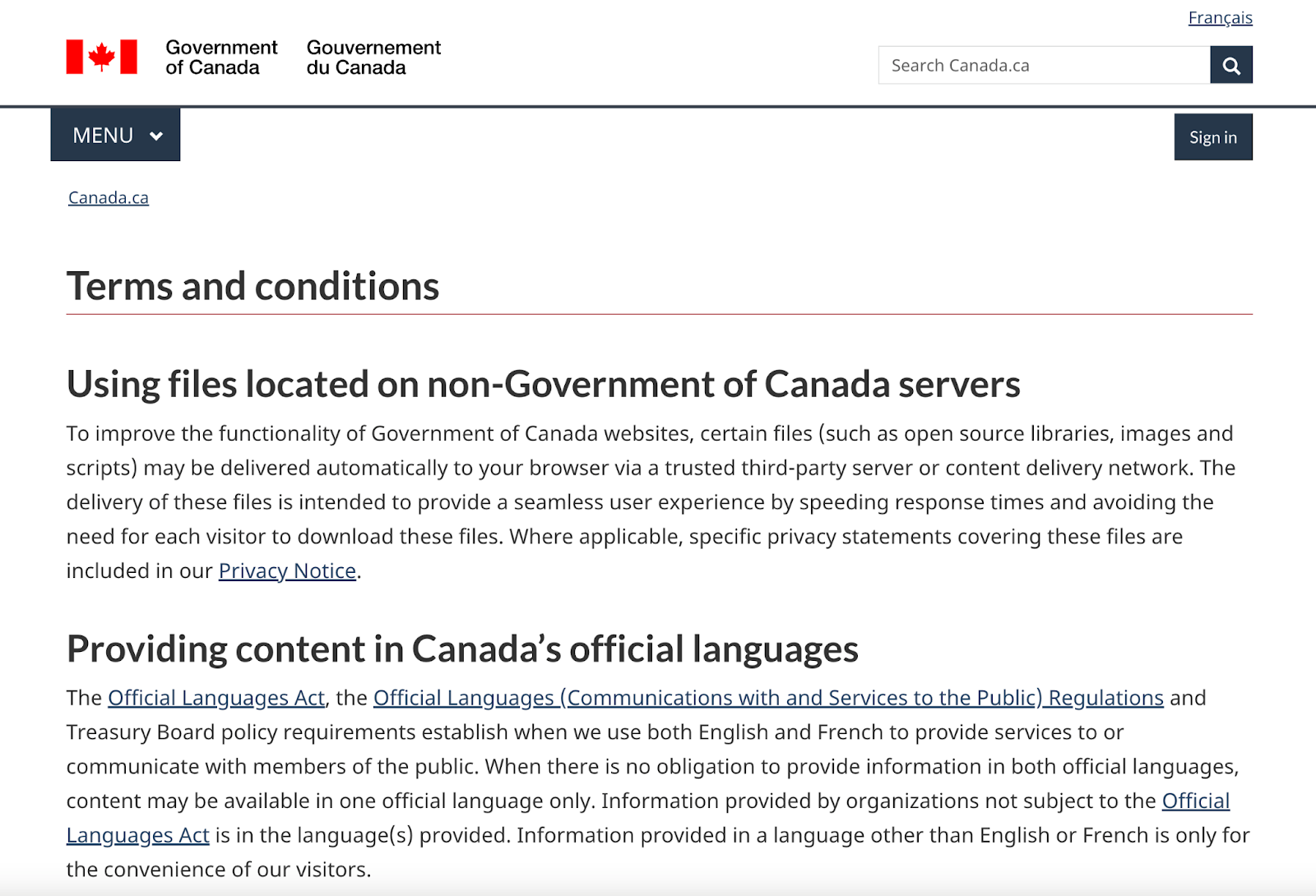 terms and conditions example for the government of canada