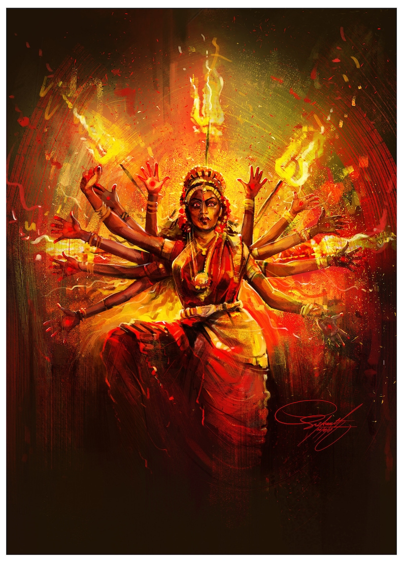 This illustration depicts Durga holding five fire lit tridents, dressed in a fiery red sari and adorned with gold jewelry.