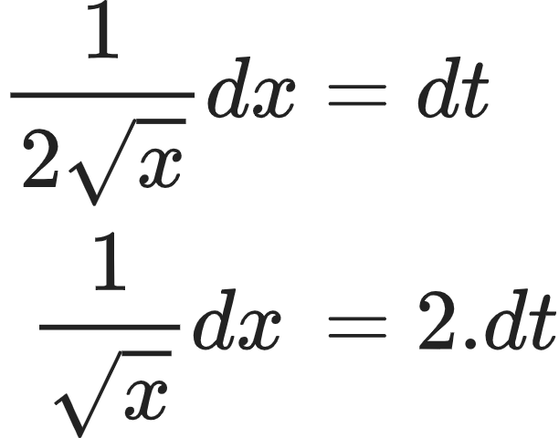 {"code":"\\begin{align*}\n{\\frac{1}{2{\\sqrt[]{x}}}dx}&={dt}\\\\\n{\\frac{1}{{\\sqrt[]{x}}}dx\\,}&={2.dt}\t\n\\end{align*}","type":"align*","font":{"color":"#222222","size":10,"family":"Arial"},"id":"10-0","ts":1600173092863,"cs":"FnJgHIV3ojc9ZzU1C0otLw==","size":{"width":101,"height":80}}