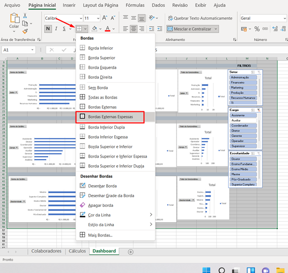 Bordas expessas para finalizar o dashboard no Excel