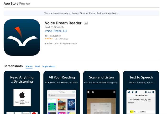 Screenshot of Voice Dream Reader pricing