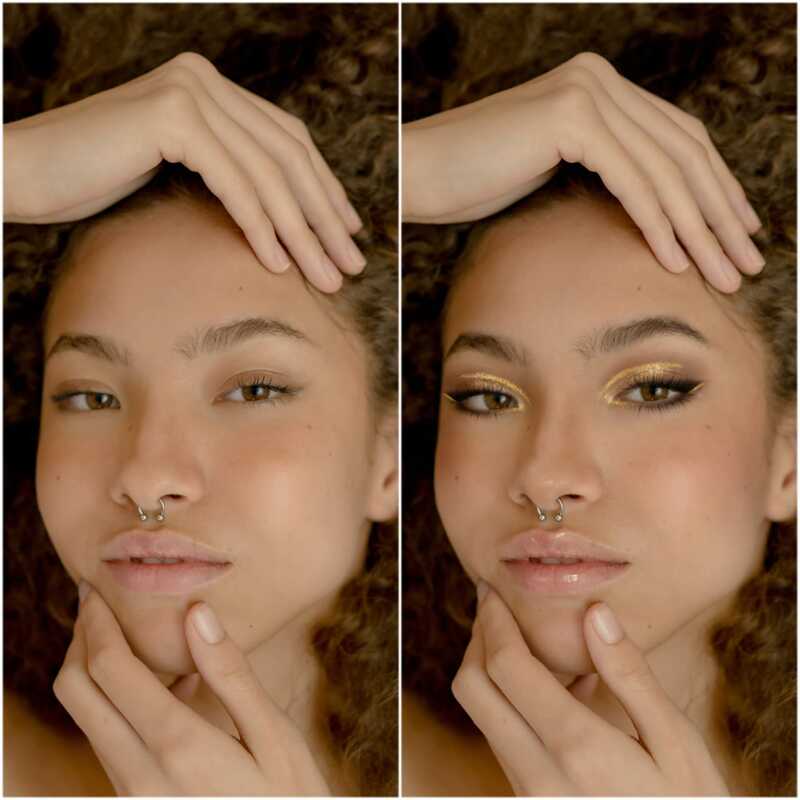 Antes e depois de uma edição feita com Maquiagem, do AirBrush