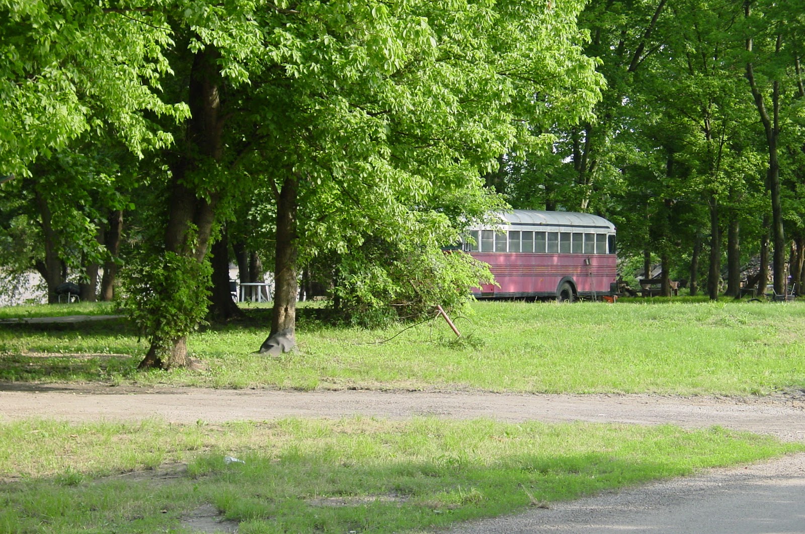 A bus that is used as a home is parked in the grass and trees along the Mt. Carmel riverfront. 