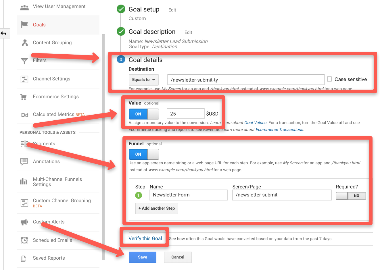 Google analytics goal destination