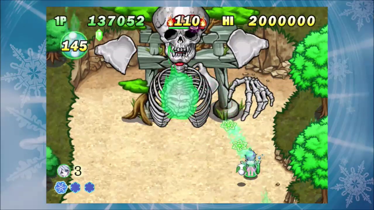 A forest level with a giant skeletal boss enemy in front of the princess.