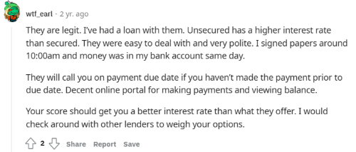 Reddit thread explaining difference between secured and unsecured OneMain Financial personal loans. 