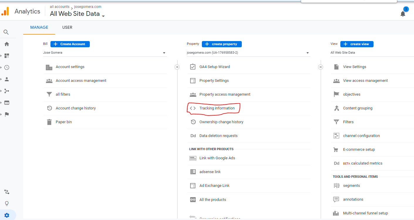 ¿Dónde está el código de Google Analytics? Clic en información de seguimiento.