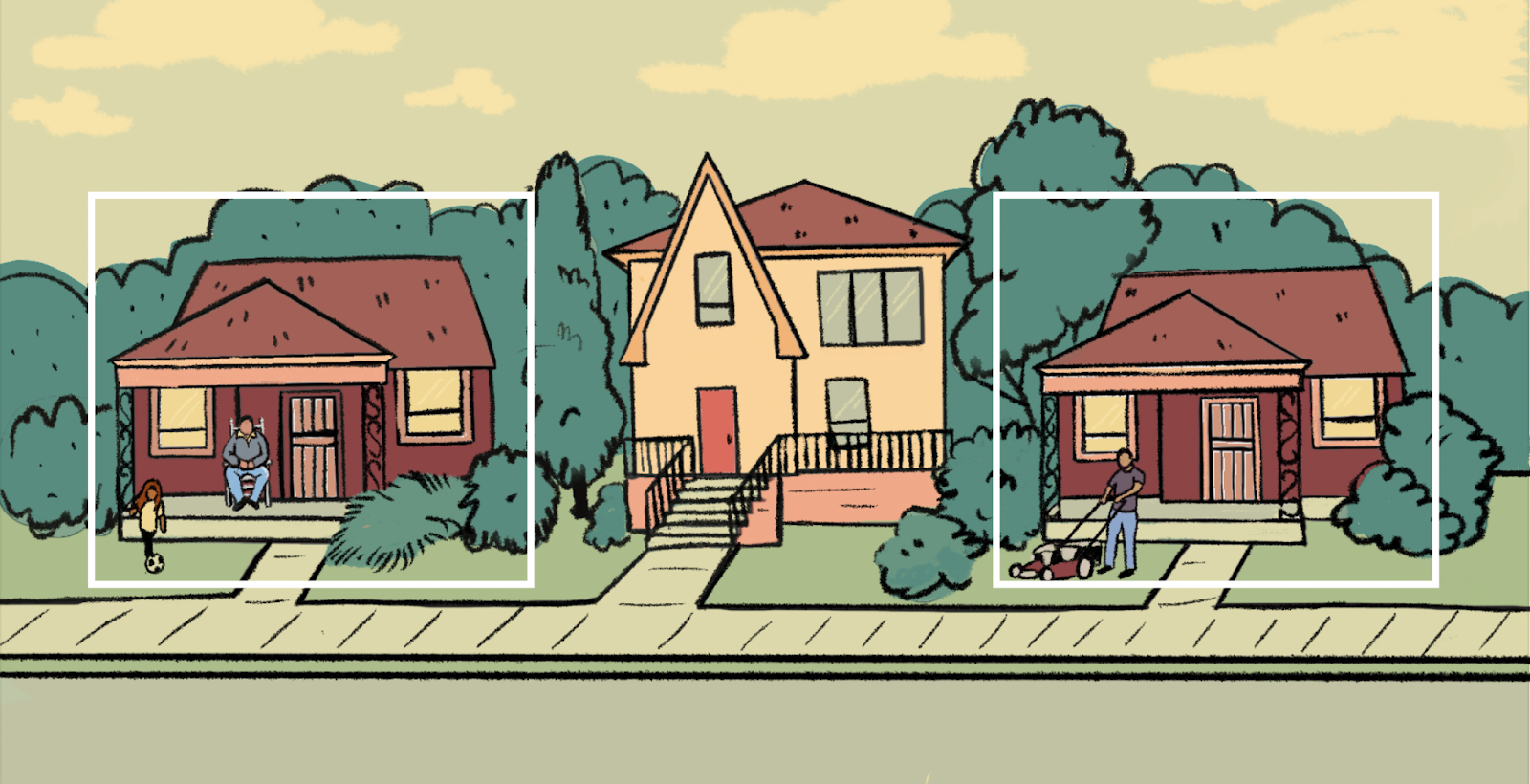 Illustration credit: Betsy Cooper. Illustration of homes in Detroit on a street