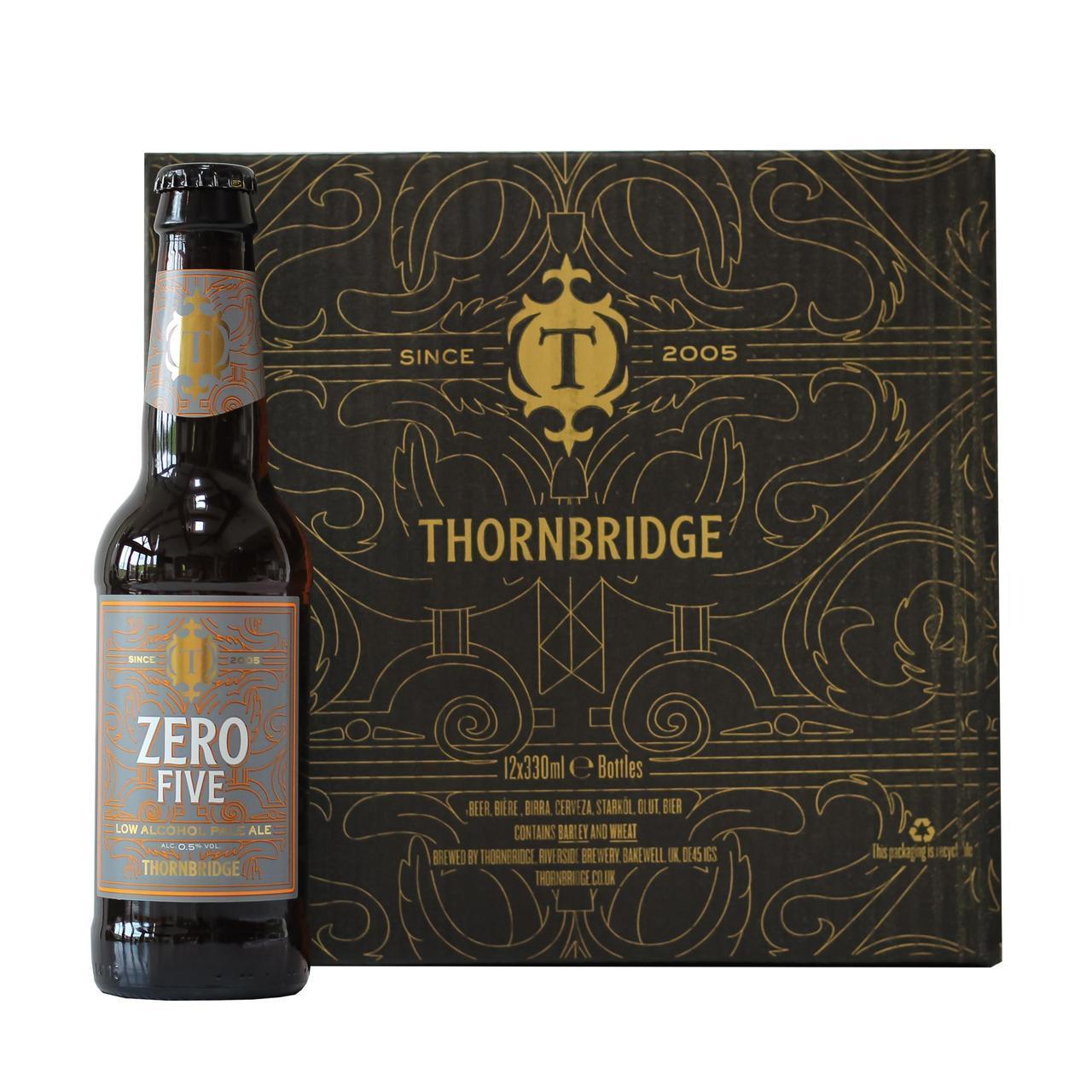 A bottle of Thornbridge Zero FIve low-alcohol beer with 12-pack box