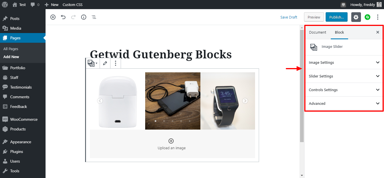 configurações do controle deslizante de imagem getwid