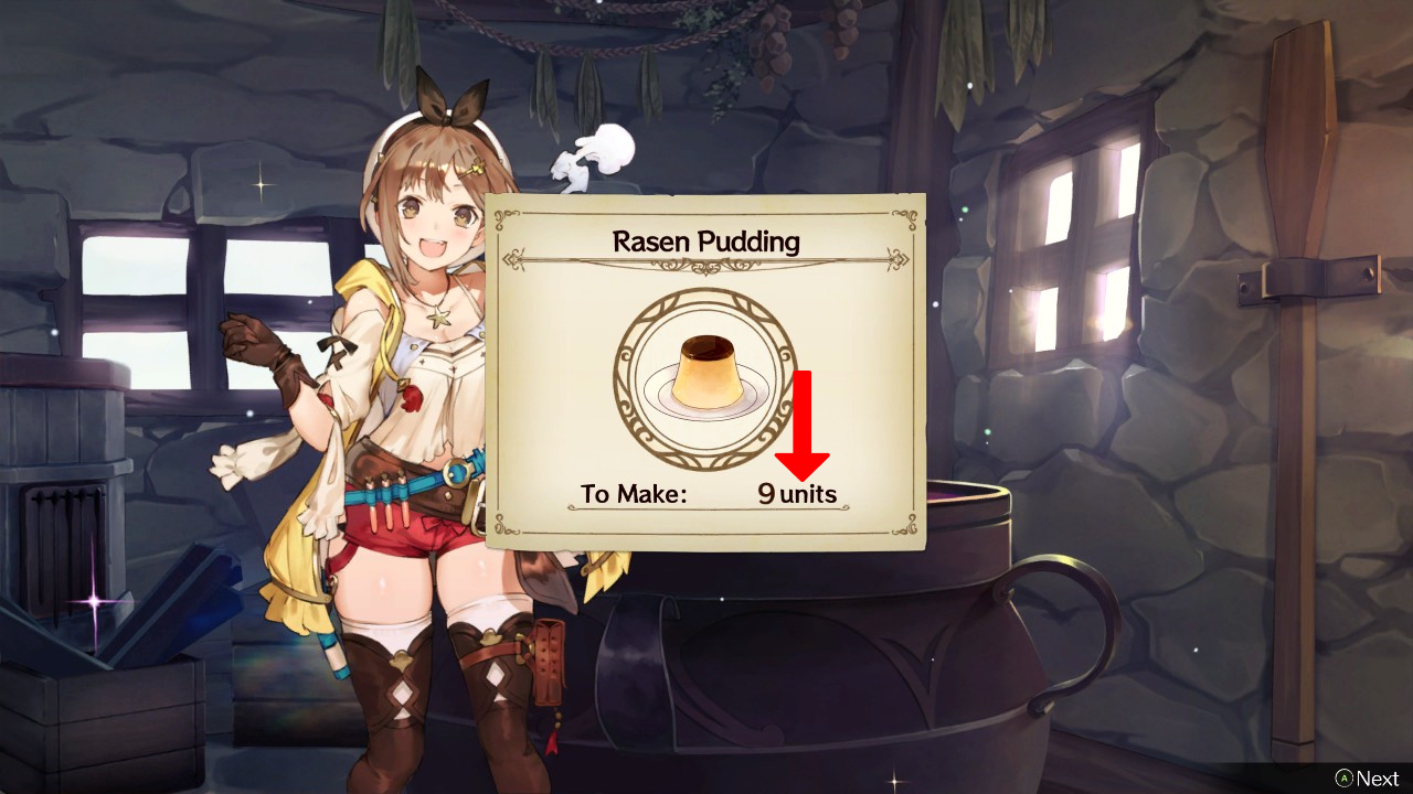Using the Synth Quantity + effect to create nine units of Rasen Pudding. | Atelier Ryza: Ever Darkness & the Secret Hideout
