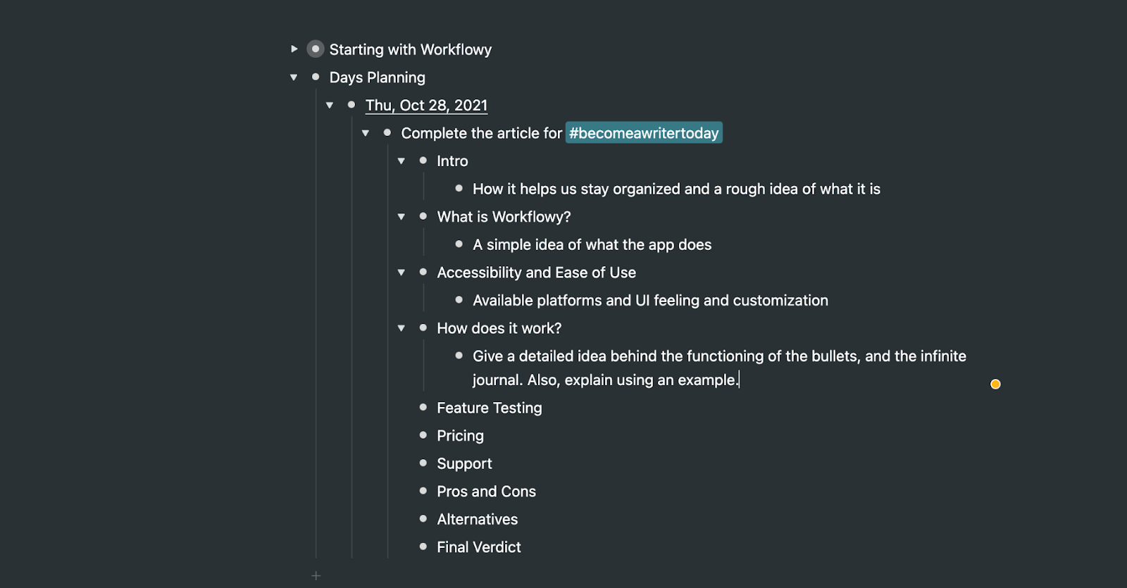 Workflowy review: Subheading and sub-bullets
