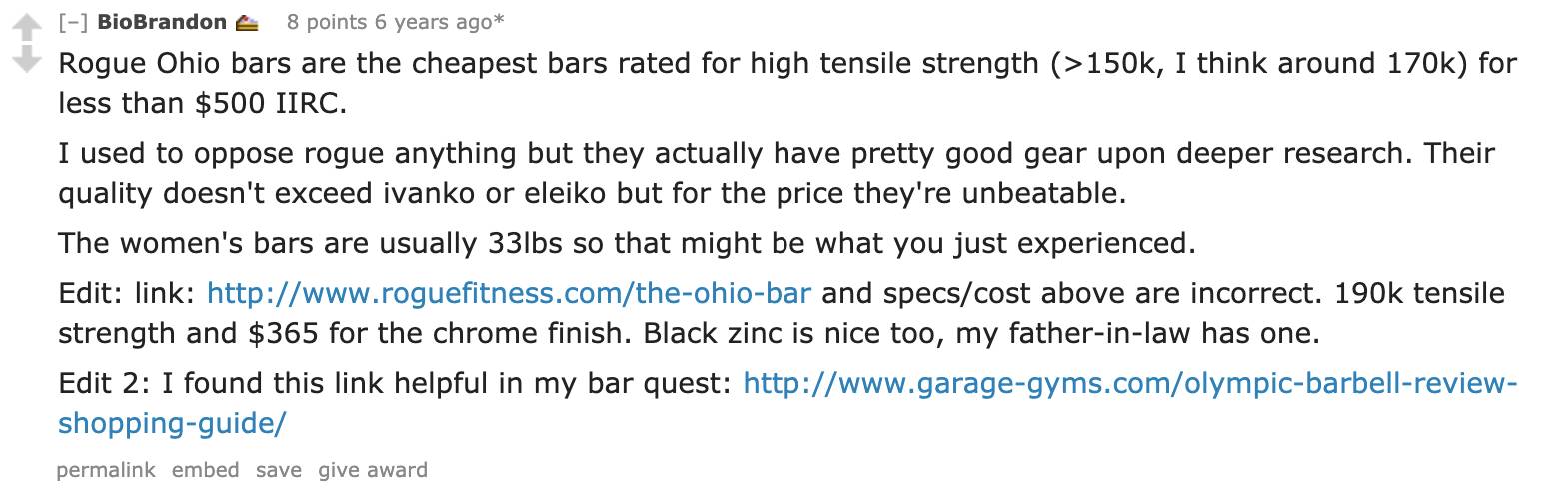 Reddit user BioBrandon details why Rogue Ohio bars are the cheapest bars rated for high tensile strength.