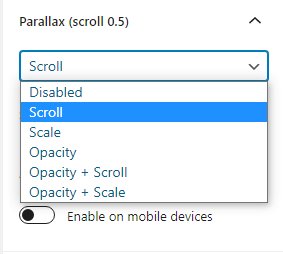 Using the Parallax Effect on Your WordPress Website. Image of how to enable Parallax and Select Parallax type behavior