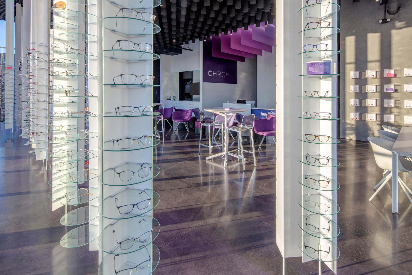 The glasses area inside the CHROMA modern clinic in Fort Worth.