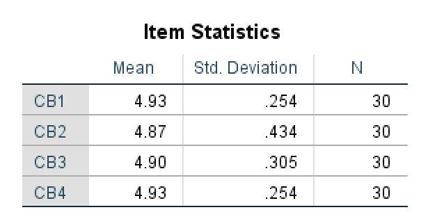 Item Statistics for reliability test in SPSS. Source: uedufy.com