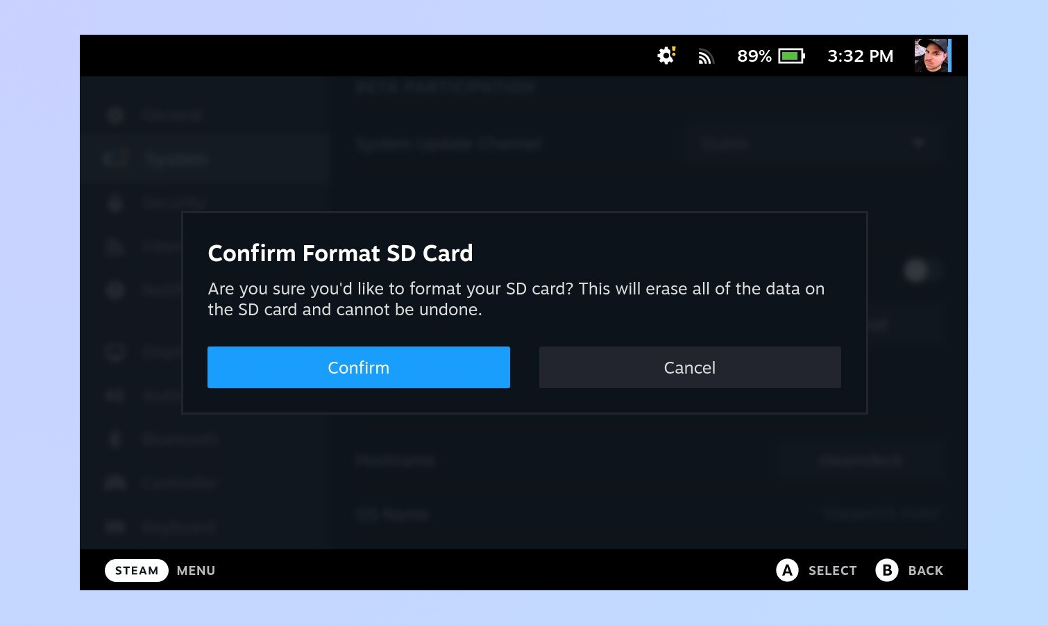 Steam Deck Format An SD Card Screen