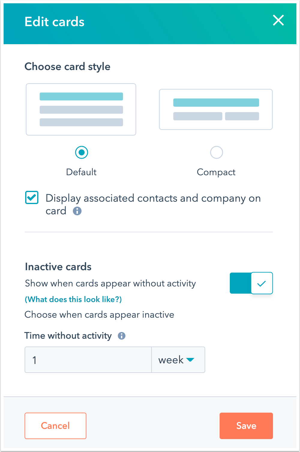 HubSpot中的卡片编辑器的屏幕截图