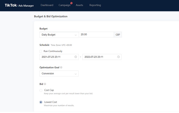 A screenshot of a  the budgeting and bidding settings on TikTok.