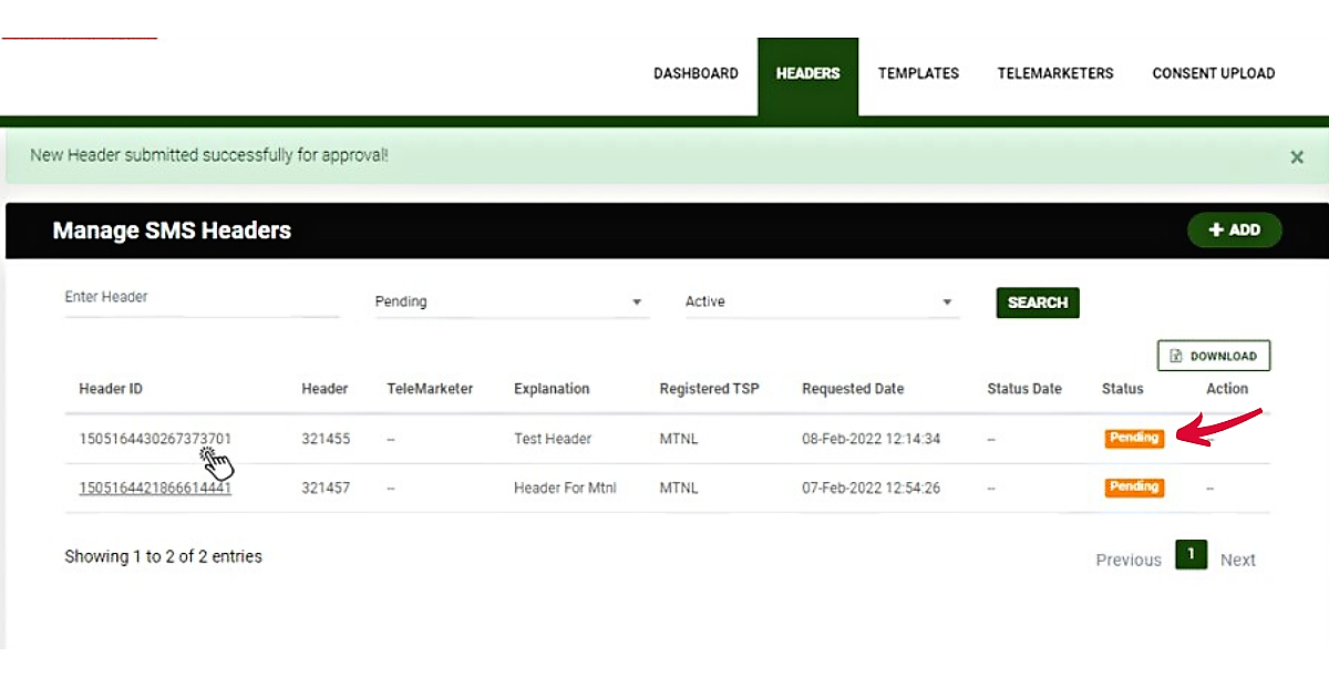 see all templates pending approval during the MTNL DLT registrations