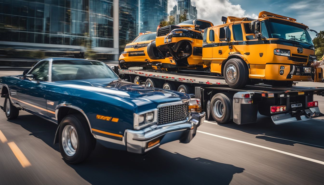 A state-of-the-art tow truck lifts a heavy vehicle on a busy highway.