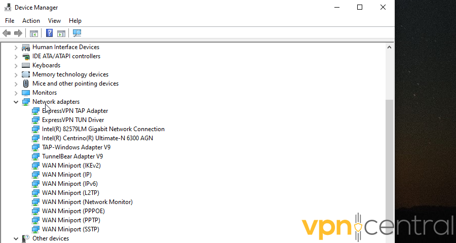 device manager network adapters