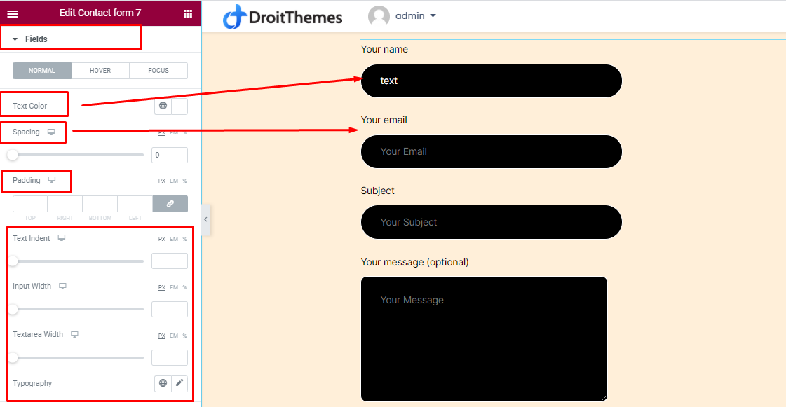 Contact Form widget's field settings tab 