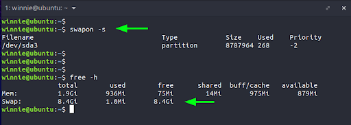 The output confirms that indeed we have a swap partition marked as /dev/sda3. You can further probe the space it occupies using the free command. The output shows that it occupies 8G of space.